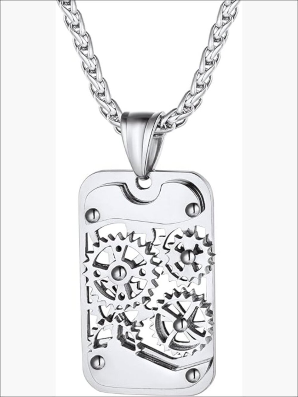 Stainless Steel Rotating Gear Dog Tag Pendant Necklace with Gift Box
